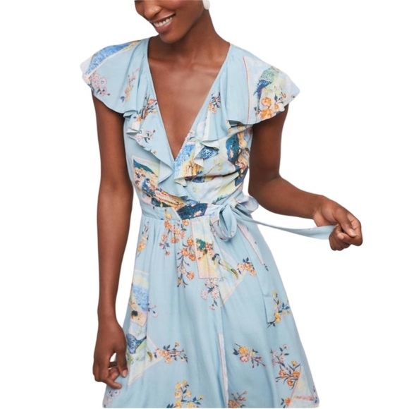 Anthropologie Dresses & Skirts - Anthropologie Maeve Sky Blue Floral Wrap Midi Dress